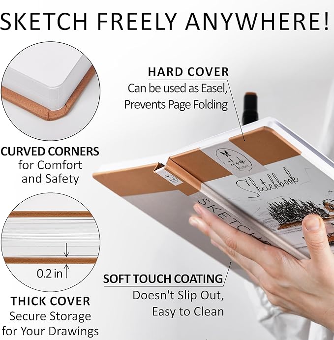 Sketch Book Hardcover 60 Pages Thick 500 GSM / 230 lb Acid Free Paper Lay Flat Bound for Drawing and Sketching 6,14” x 8,25” for Kids and Adults Beginners and Professionals Eco Friendly
