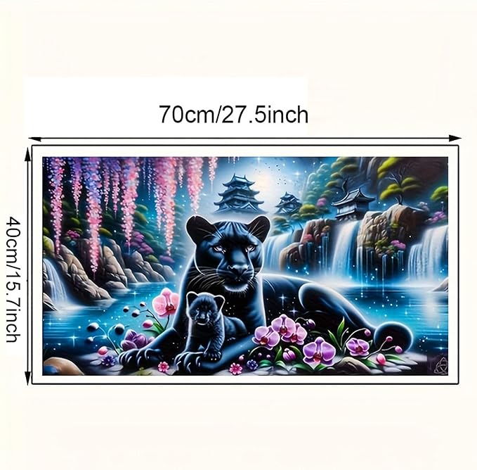 KUFWKEY Panther Diamond Art Kits for Adults,Waterfall Landscape Leopard 5D Diamond Painting Kits,Fantasy Animal Full Round Diamond Dots Kits,DIY Mosaic Craft for Home Decor 27.5x15.7inch