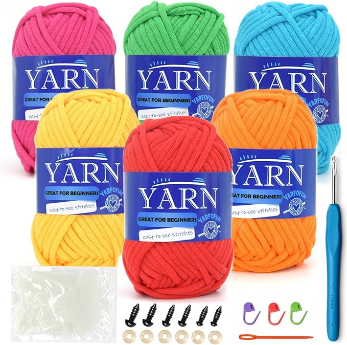 6 Pack Beginners Crochet Yarn Cotton for Beginners Crocheting and Knitting Cotton Nylon Blend Easy Yarn for Beginner Crochet Kit-Bright Series