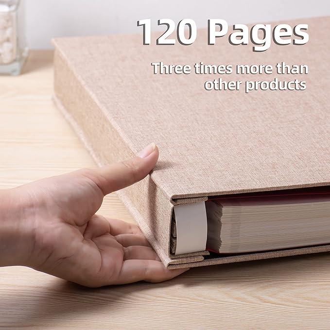 Large Photo Album Self Adhesive 4x6 5x7 3x5 8.5x11 Scrapbook Magnetic Album DIY Scrap Book Length 13 x Width 12.8 (Inches) 120 Sticky Pages Linen Cover DIY Photo Album (Khaki)