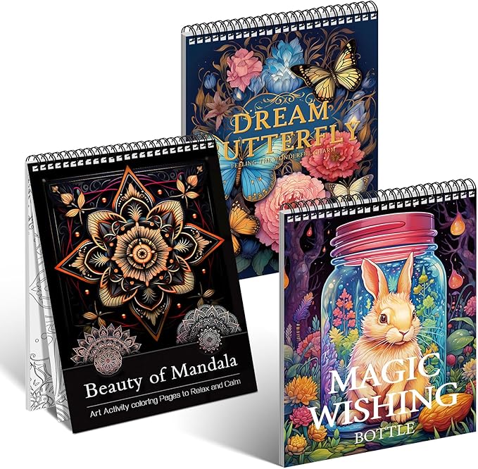 3Pcs Coloring Books for Adults Relaxation, Coloring Book Adult, Libros Para Colorear, Spiral Bound Printed On One Side, Mandala Coloring Book for Adults with 72 Patterns(Mandala & Butterfly & Wishing)