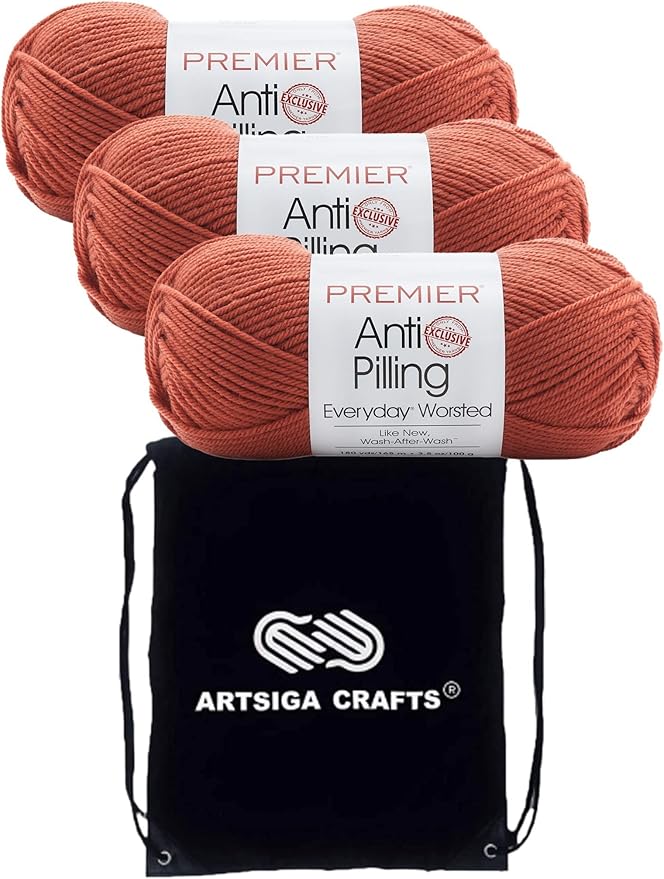 Premier Yarns Everyday Anti-Pilling Solid Clay DN100-74 (3-Skeins - Same Dye Lot) #4 Worsted Weight Acrylic Yarn for Crocheting and Knitting with Project Bag