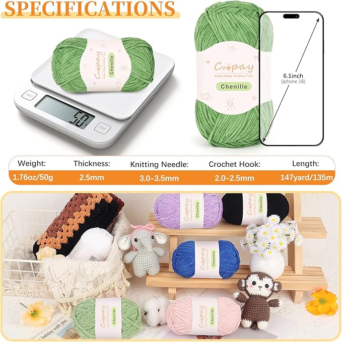 Coopay Skinny Chenille Yarn for Crocheting and Knitting, 12 Pack of 50g/1.76oz - 1764yd Total, Crochet Yarn of Light Weights - Suitable for Baby Blankets, Plush Toys, Garments - Super Soft (Green)