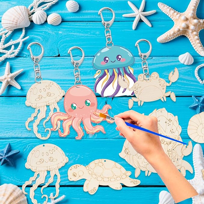 JHGCVX 30 Pieces Sea Life Painting Craft Kits，DIY Wooden Coloring Keychain for Christmas Gifts Ocean Theme Birthday Party Decorations Supplies