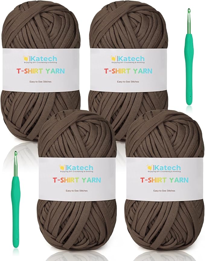 Katech T-Shirt Yarn - Pink Elastic Fabric Crochet & Knitting Kit, 400g, 130yds - Thick Spaghetti Yarn for Handmade Bag & Basket Cushion Crocheting Projects, Home Decor (Brown)