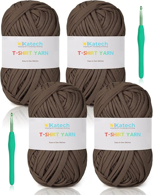 Katech T-Shirt Yarn - Pink Elastic Fabric Crochet & Knitting Kit, 400g, 130yds - Thick Spaghetti Yarn for Handmade Bag & Basket Cushion Crocheting Projects, Home Decor (Brown)