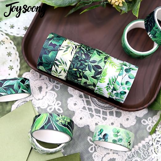 Botanical Green Washi Tape Set- 16 Rolls Leaf Themed Decorative Tape for Journals & Nature Crafts Scrapbooks (0.6" x 10 ft) - Monstera, Bamboo, Olive, Ginkgo, Mint Leaves