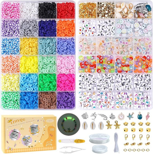 FZIIVQU Clay Beads Friendship Bracelet Making Kit, 2 Boxes 7200 Pcs Clay Beads 24 Colors Flat Disc Heishi Bead for Jewelry Making Preppy Set with Glow Number Letter Bead