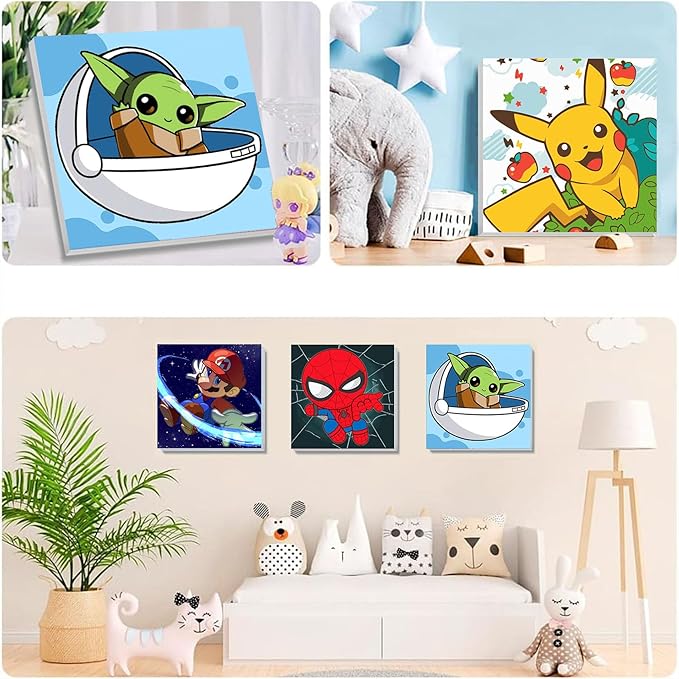 KOJEFCV 4 Pack Cartoon Paint by Numbers for Kids with Framed Canvas-with Wooden Easel, Paint by Number for Kids Ages 4-8-12, DIY Easy Acrylic Oil Painting Kits for Home Wall Decor (8X8inch)