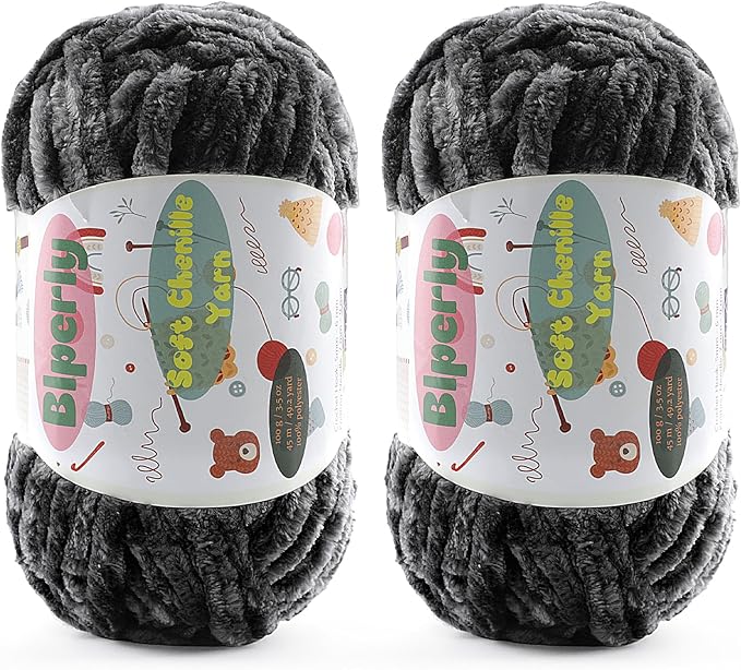 2 * 100g Fluffy Chenille Yarn for Crocheting - Chunky Velvet Yarn for Scarves Shawls, Baby Blankets, Hats Plush Toys, Plush Yarns Each Skein 49.2yd (2, Dark Gray)