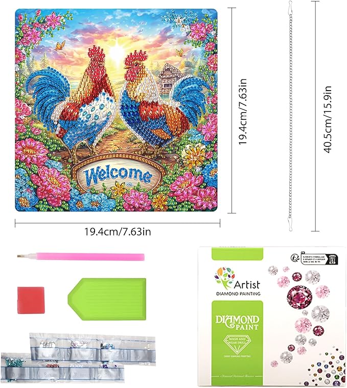 Lxmsja DIY Two Chickens Diamond Painting Hanging Ornament, Double-Sided Acrylic Farm Diamond Art Kit, Special Shaped Suncatcher Hanging Pendant Window Art Kit 8x8 inch