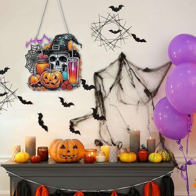 RICUVED Diamond Art Hanging Kit for Adult, Skull Special Shaped Crystal Gem Craft Halloween Diamond Painting Pendant Kit for Beginners, DIY Pumpkin Hanging Diamond Art Ornament Kit for Home Garden