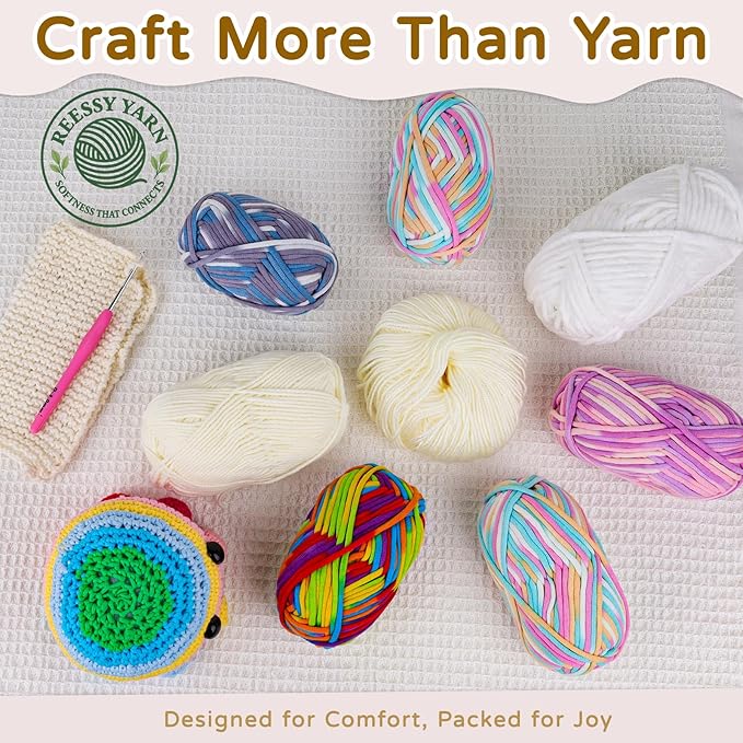 Reessy Crochet Yarn Kit for Beginners – 4 Yarns Sampler Pack (Acrylic, Cotton, Velvet Chenille, Beginner Yarn) with Hooks & Accessories – All-in-One Crochet Starter Kit for Beginners Adults (B)
