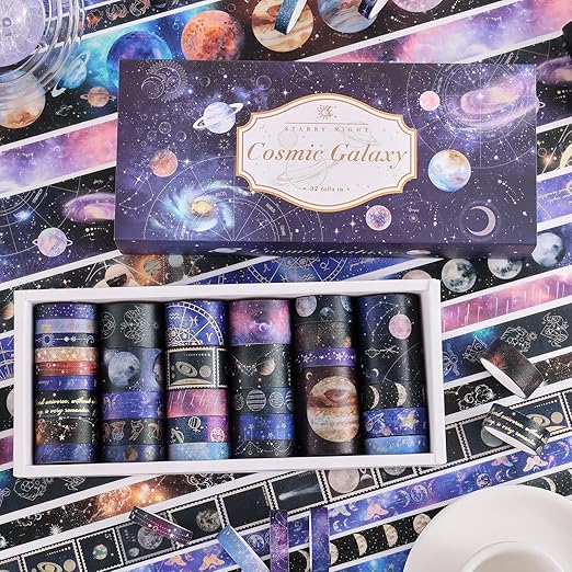 32 Rolls Washi Tape Set, Gold Foil Galaxy Decorative Masking Tape Constellation, Stars, Celestial, Adhesive Tape for Bullet Journal, Diy Craft, Scrapbooking Supplies, Gift Wrapping, Party Decoration