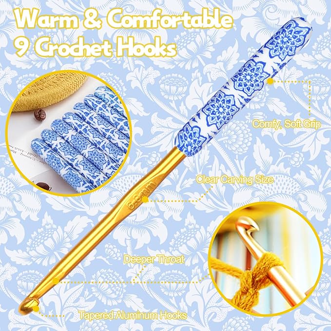Coopay Warm Crochet Hooks Comfort Grip, Light Blue & White Porcelain Art Handle Crochet Set for Beginners, Longer Aluminum Shaft Crochet Hook Set 2.0mm-6.0mm, Smooth Crochet Needles Set for Crochet