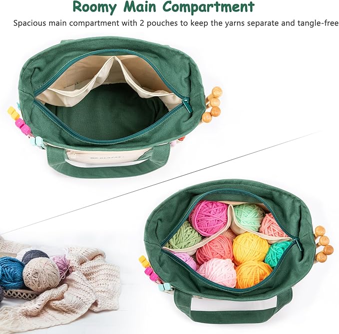 Canvas Yarn Storage Organizer Bag Washable Crochet Bag with Pockets for Yarn, Hooks, Needles – Travel Knitting Tote for Crafters – Gift for Crocheters & Knitters (Medium/Large)
