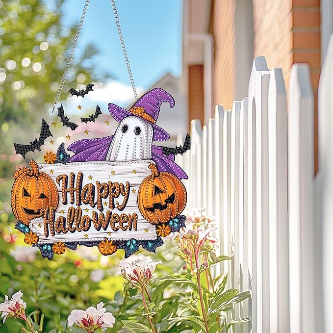 Wergund DIY Halloween Diamond Art Hanging Kits, Hanging Diamond Art Ghost, Acrylic Special Shaped Rhinestone, Window Hanging Pendants for Home Wall Garden Front Door Outdoor Decor Gift(Halloween)