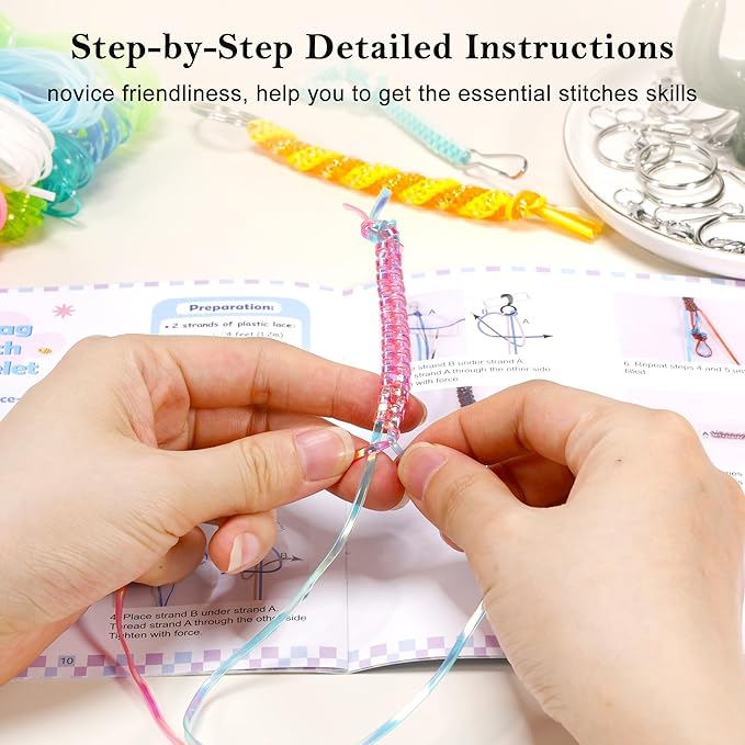 PP OPOUNT Lanyard String Kit for Summer Camp Adults – 15 Plastic Gimp Strings with 40 Keychain Accessories & Instructions, DIY Bracelets Keychains Adults Gift Craft Set(Solid/Glitter/Laser Colors)
