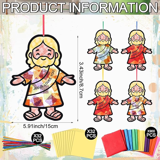 Motipuns 32 Sets Easter Jesus Ornaments Craft Kit, Religious Christian DIY Jesus Loves You Suncatchers Gift Stained Glass Effect with Tissue Paper Window Art for Sunday School Church VBS Decor