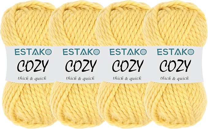 Estako Cozy Thick & Quick Yarn (4 Skeins Pack) 20% Wool 80% Acrylic Soft Super Bulky Weight #6 Knitting and Crocheting Yarn (4 x 3.52 Oz) / (4 x 65 Yrds) (52093-Yellow)