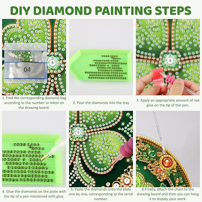 MEIYUDA St. Patrick's Day Hanging Diamond Art Kits for Adult, Lucky Four-Leaf Clover Diamond Painting Kit Ornaments, DIY Special Shaped Rhinestone Window Pendant Kit for Home Garden Wall Decor Gift