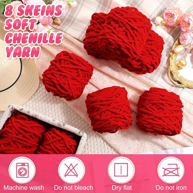 Buryeah 8 Pack Chunky Chenille Yarn for Crocheting Soft Thick Fluffy Yarn for Hand Knitting Bulky Velvet Blanket Plush for Weaving DIY Crafts Each 3.5 oz 55 Yards (Red)