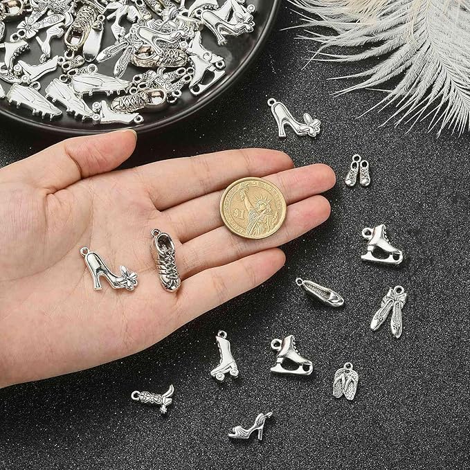 DanLingJewelry 120Pcs 12 Styles Tibetan Style High Heel Shoe Charms Boot Ballet Sneaker Shoes Charms for Jewelry Making Crafting