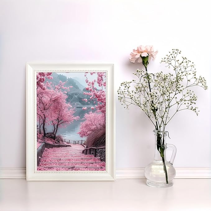 Diamond Art Kits for Adults Cherry Blossom Road, DIY 5D Diamond Painting Kit for Beginners, Full Round Drill Gem Art Dots for Adults, Diamond Dots Paintings Crafts Home Wall Decor 12X16 Inch