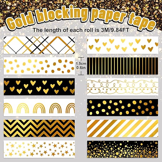 Whaline 12 Rolls Gold Foil Pattern Washi Tape Heart Dot Stripe Rainbow Masking Tape Set Decorative Wrapping Paper Tapes for Scrapbook Journal DIY Art Crafts