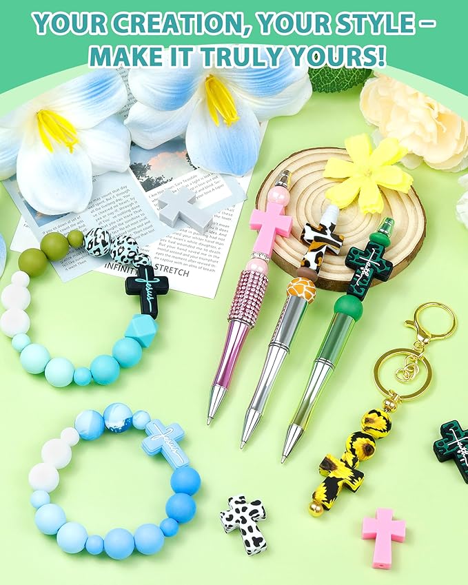12Pcs Cross Silicone Focal Beads for Pens, Leopard Cross Shaped Rubber Charms, Jesus Beads for Beaded Pen, Bracelet, Necklace, Keychain Making Accessories
