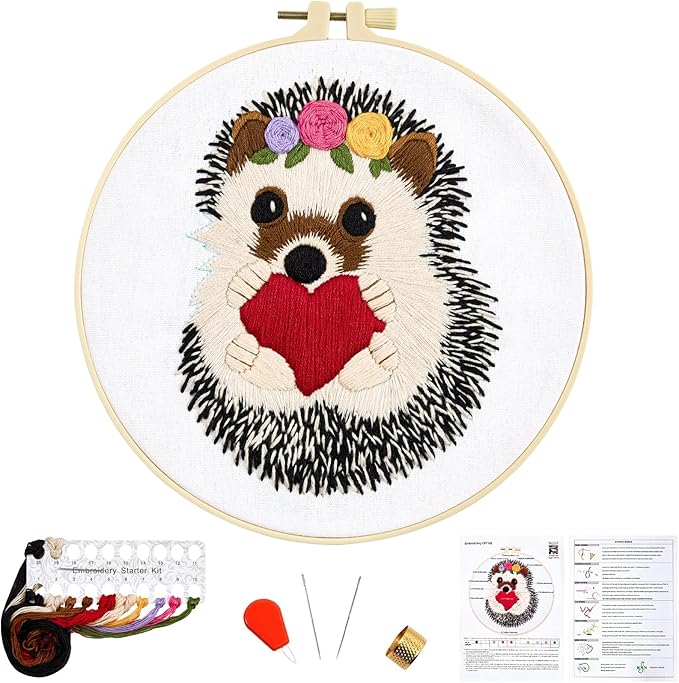 Cute Hedgehog Embroidery Kits for Beginners Adults, Animals Embroidery Starter Kits, Counted Cross Stitch Kits for Beginners DIY Craft Kits for Adults Women, Embroidery Hoops, Thread & Video Tutorial
