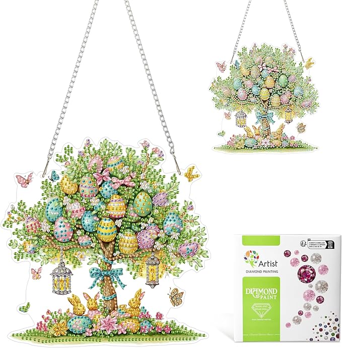 MAXBYE Easter DIY Diamond Art Kits for Adults Hanging Pendant Easter Egg Tree with Rabits, Painting Diamond Gem Art Hanging Kits for Beginners Gift Window Wall Door Decoration 8×12Inch
