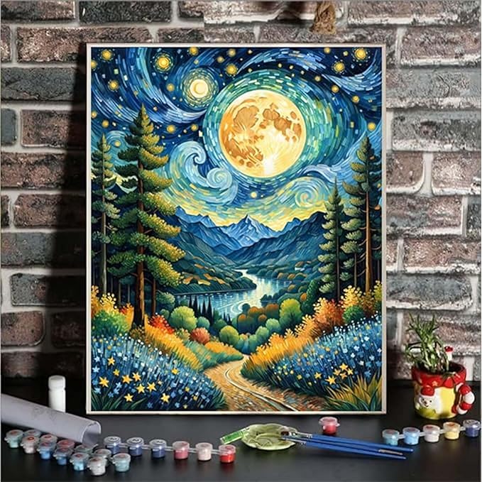 ldazao Moon Paint by Numbers Kit for Adults Beginner Forest Adult with Frame Wooden Easel Paint by Number Kits for Gift Home Wall Decor 16x20 Inch