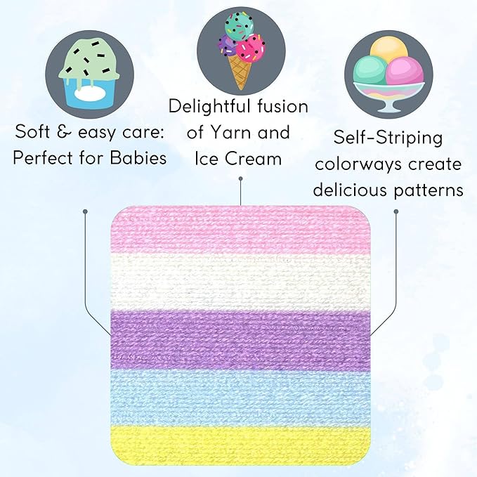 Lion Brand Ice Cream Cotton Candy 923-201 (6-Skeins - Same Dye Lot) Baby Sport #2 Acrylic Yarn for Crocheting and Knitting with Project Bag