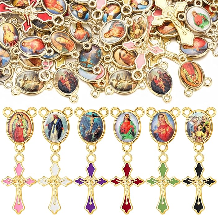 200 Pcs/ 100 Sets Rosary Making Kits Supplies Cross and Center Medal Charm Alloy Picture Religious Charms Crucifix Pendant for DIY Jewelry Making Prayer Bracelet Necklace Earring