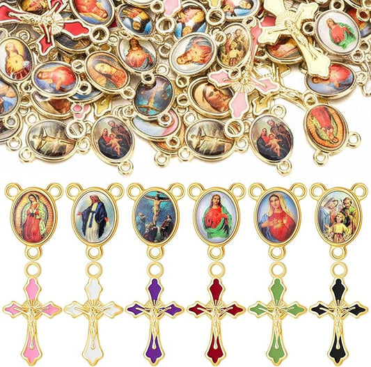 200 Pcs/ 100 Sets Rosary Making Kits Supplies Cross and Center Medal Charm Alloy Picture Religious Charms Crucifix Pendant for DIY Jewelry Making Prayer Bracelet Necklace Earring