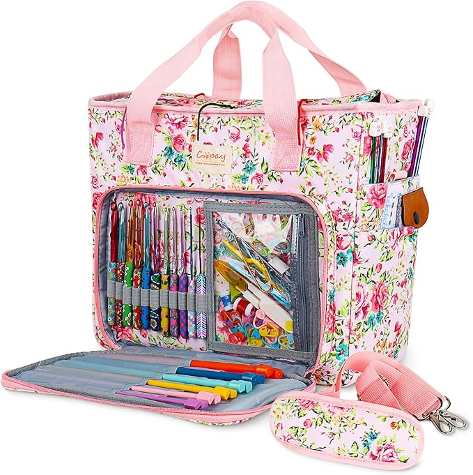 Coopay Large Crochet Bag Knitting Bags and Totes Organizer, Traveling Crochet Bags Yarn Bag for Carrying Crochet Hooks, Knitting Kit, Skein Yarn Wool, Project, Knitting & Crochet Supplies, Pink Flower