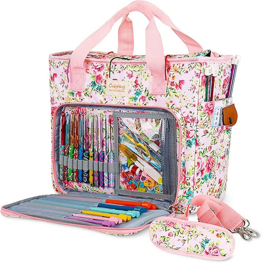 Coopay Large Crochet Bag Knitting Bags and Totes Organizer, Traveling Crochet Bags Yarn Bag for Carrying Crochet Hooks, Knitting Kit, Skein Yarn Wool, Project, Knitting & Crochet Supplies, Pink Flower