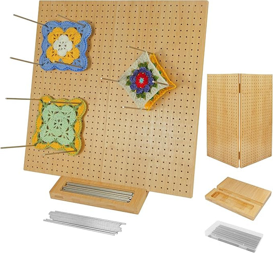 15.5" x 15.5"Foldable Crochet Blocking Board with Pins,Granny Square Blocking Board,Blocking Mats for Knitting with 35 5.9"Stainless Steel Rod Pins,Bamboo Crocheting Accessories Gifts for Crocheters