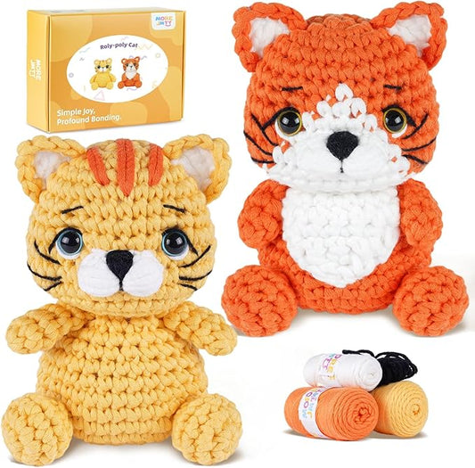 MOREJMTT Crochet Kit for Beginners, Learn to Crochet, Include Easy Knitting Soft Yarn, Step-by-Step Video Tutorial, Hook, Holiday Birthday Gift Adults (2pack cat)