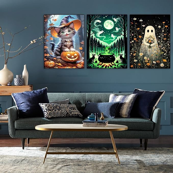 Meothan Halloween Diamond Art Kits for Adults, 3 Pack Ghost and Cat Diamond Painting Kits for Adults, 5D DIY Round Full Drill Gem Art Paint by Diamonds Dots Crafts Kits for Home Decor Gift 12x16inch