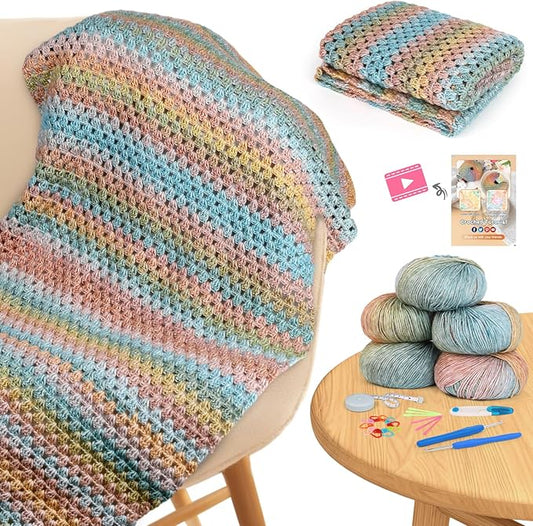 Aeelike Blanket Crochet Kit for Beginners, Super Easy Crochet Blanket Kit with Soft & Colorful Gradient Yarns Detailed Video Tutorials Crocheting Accessories, Classical Gradient & Ideal Gift