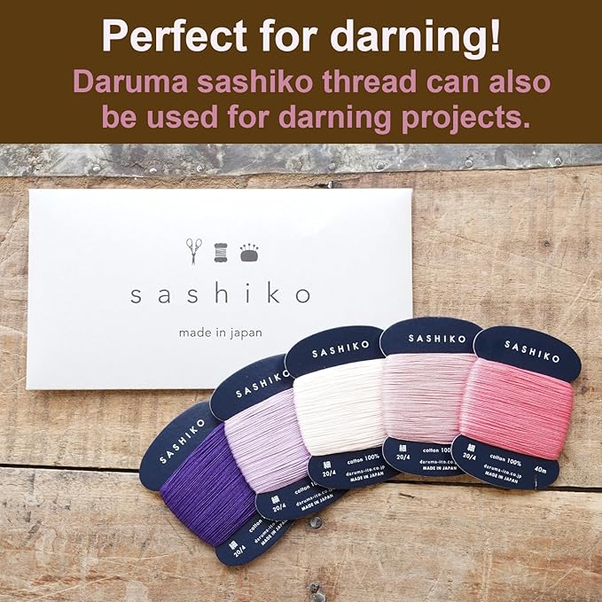 DARUMA Sashiko Thread 100% Cotton Card Type (43.7 yd) x 5 Colors with English Manual, Sewing & Embroidery Value Set with Gift Package(Thin, Tefutefu)