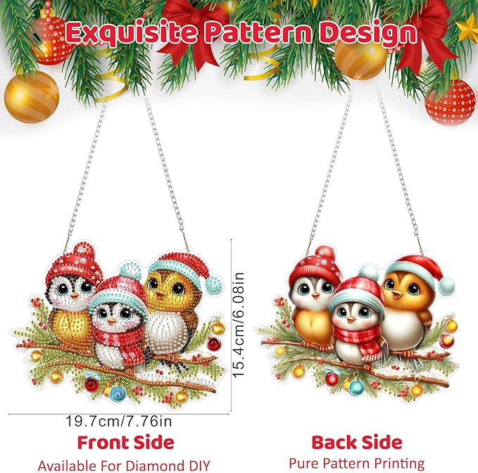 MEIYUDA Christmas Birds Diamond Art Hanging Kits for Adult, Cute Winter Birds Diamond painting Hanging Kits Ornaments, DIY Special Shaped Rhinestone Window Pendants kit for Home Garden Wall Decor Gift