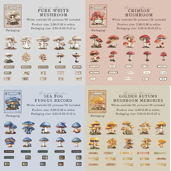 Doukado 150 PCS Vintage Natural Simulated Mushroom-Themed Scrapbook Stickers, Aesthetic Decorative Coloful Mushroom Stickers for Scrapbooking, Journaling, Creative Journal Supplies and DIY Crafts
