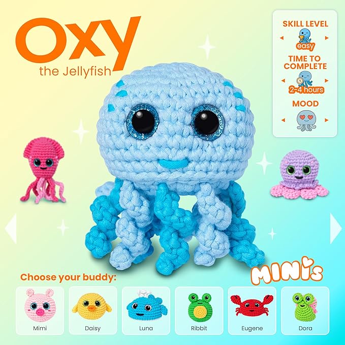 Cookie Box MINIs Crochet Kit for Beginners – Gift Set to Make Jellyfish Oxy Amigurumi Plushie – Easy DIY Crochet & Knitting Starter Kit with Printed Instructions & Step-by-Step Video Tutorial