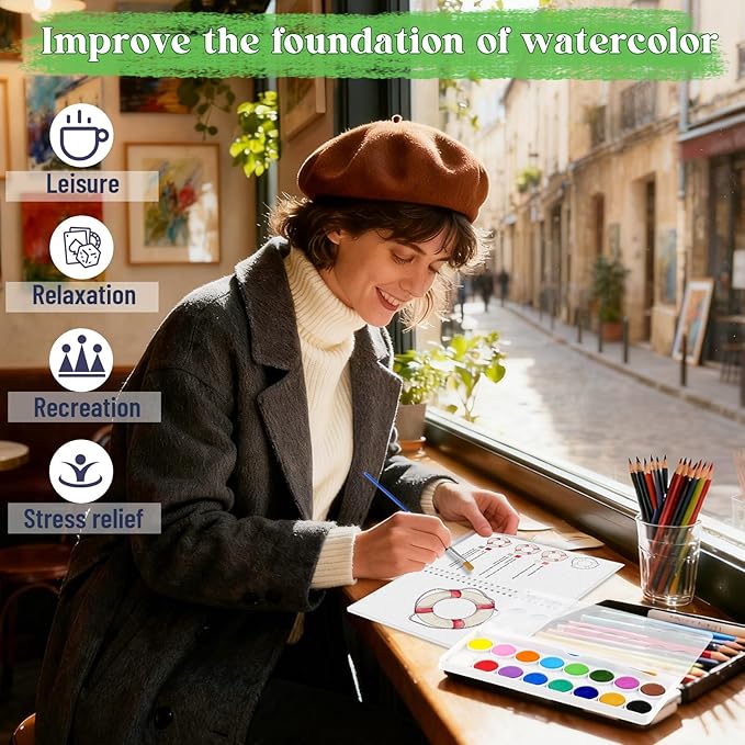 Beginners Watercolor Workbook for Adults -Step-by-Step Coloring Book Set-12 coloring book pages - Includes 16 color blocks and a brush - Professional Watercolor Paper: 300gsm/140lb (Seaside)