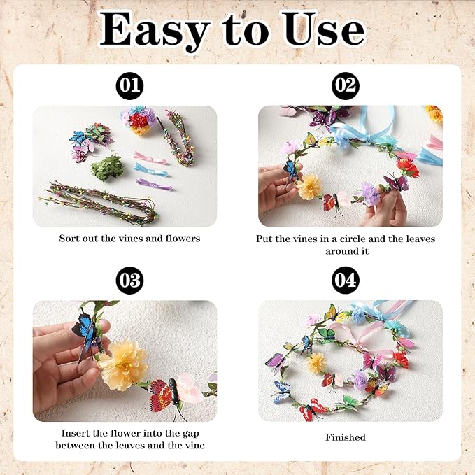 KorViSHOW DIY Flower Crowns Making Kit, 100 Pcs Make Your Own Butterfly Floral Headband Making Kit, DIY Creativity Fairy Flower Hair Accessories Craft Set for Women Birthday Party Arts Creative Gifts