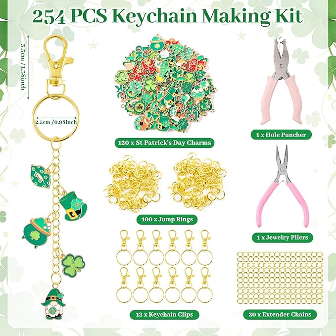 PYURTHITY 254 Pcs St Patrick's Day Charms Lip Gloss Keychain Making Kit Include St Patrick's Day Enamel Charms Keychain Clips Extender Chains Jump Ring Plier DIY Jewelry Crafts Gifts for Women Adults