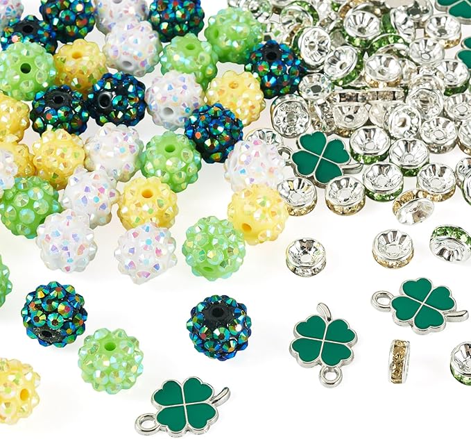 Cheriswelry St.Patrick's Day Jewelry Making Kit Green Clover Four Leaf Charms Clay Disco Ball Beads Flat Round Rhinestone Spacer Bead for DIY Necklace Bracelet Earring Accessories 137Pcs/Set